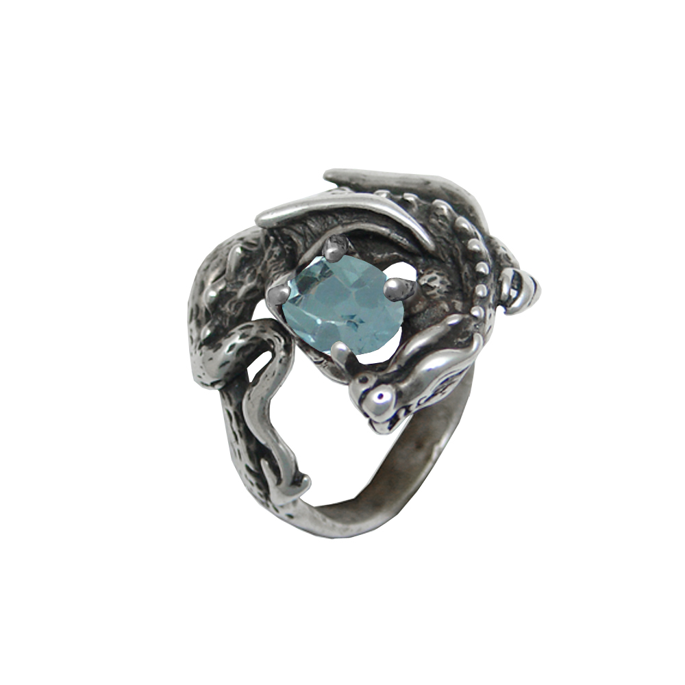 Sterling Silver Detailed Dragon Ring With Blue Topaz Size 8